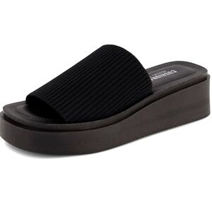 Womens black platform slides.